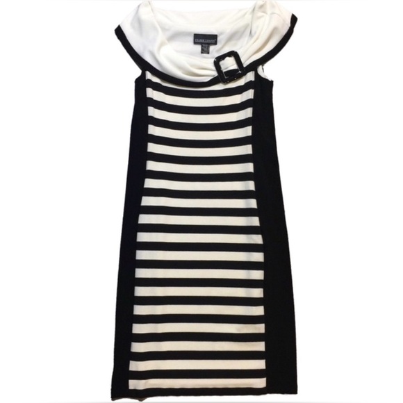 Frank Lyman Black & White Striped Off-Shoulder Dress with Buckle| Size 8 | - Picture 1 of 8